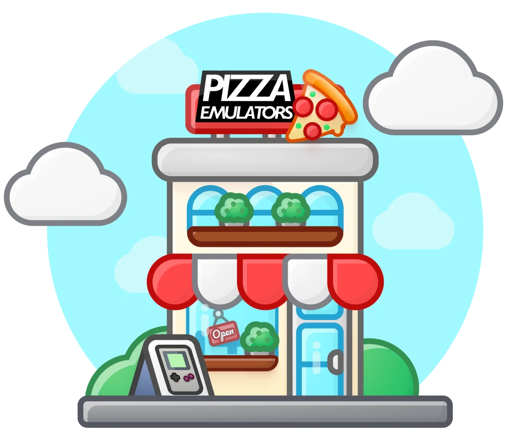 Pizza Emulators shop illustration with a handheld console at the counter
