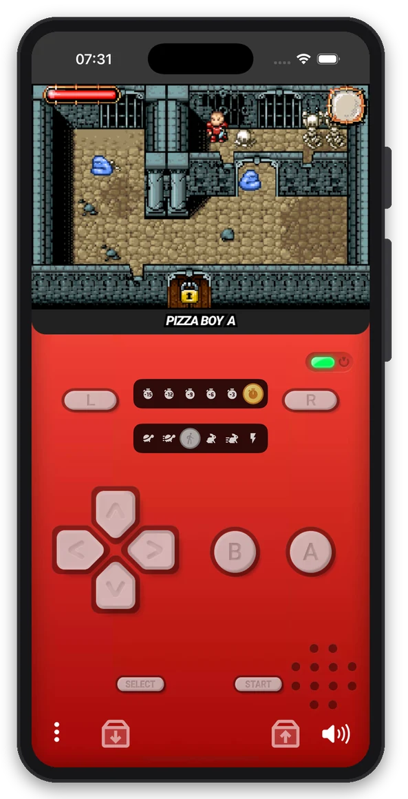 Pizza Boy AIO emulating a Game Boy Advance game on iPhone